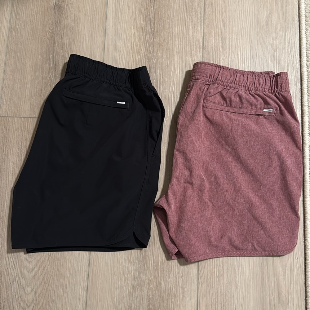 Two Vuori Men’s Banks shorts, 5” inseam, medium, black and heathered red